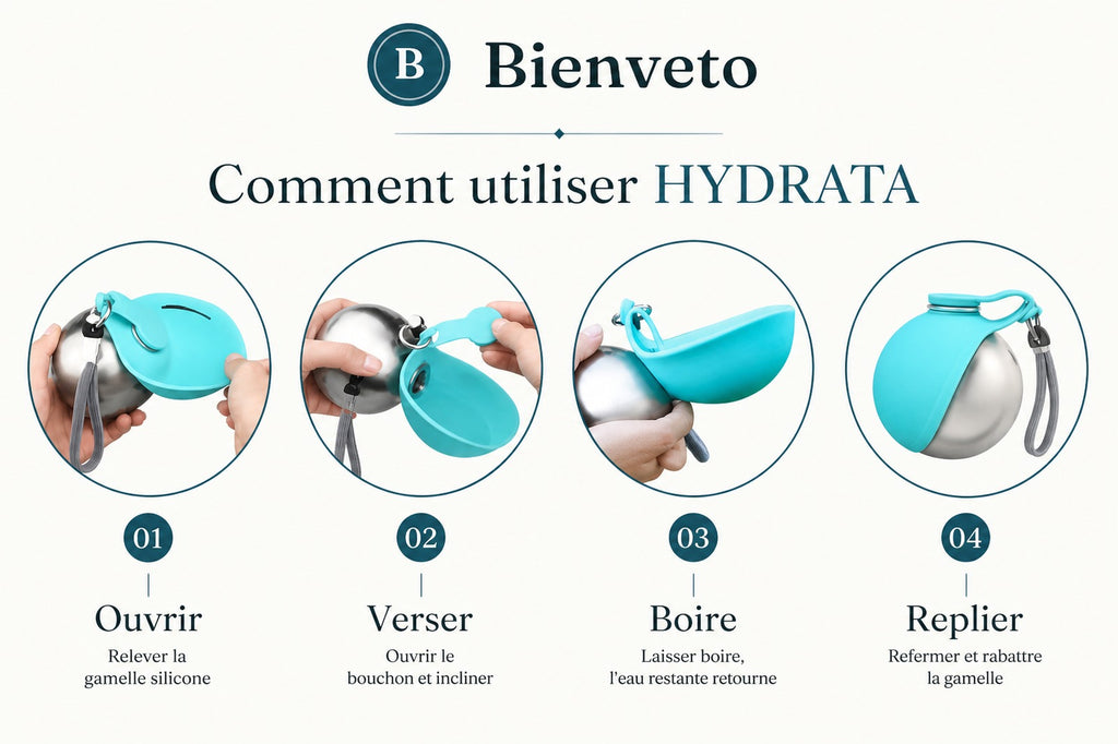 Bienveto HYDRATA — routine Ouvrir, Verser, Boire, Replier